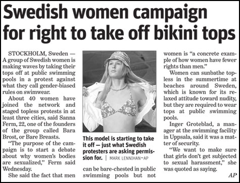 Swedish women campaign for right to take off bikini tops